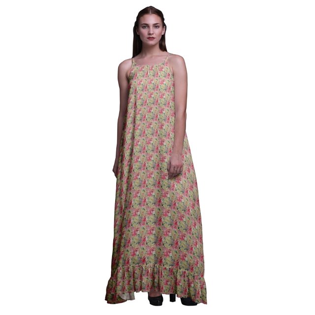 Bimba Beige2 Floral Ranunculus & Roses Spaghetti Strap Womens Sleepwear Nightgown Ladies Nightwear Nursing Sleep Dress Large