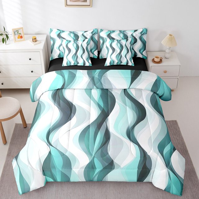 Erosebridal Ensembles de Literie Géométriques Mode Format Double, Ensembles de Douillette Cyan avec Draps, Ensemble de Draps de Lit Réversible à Rayures Abstraites, Super Douillet Décoratif pour Chambre, 7 Pcs