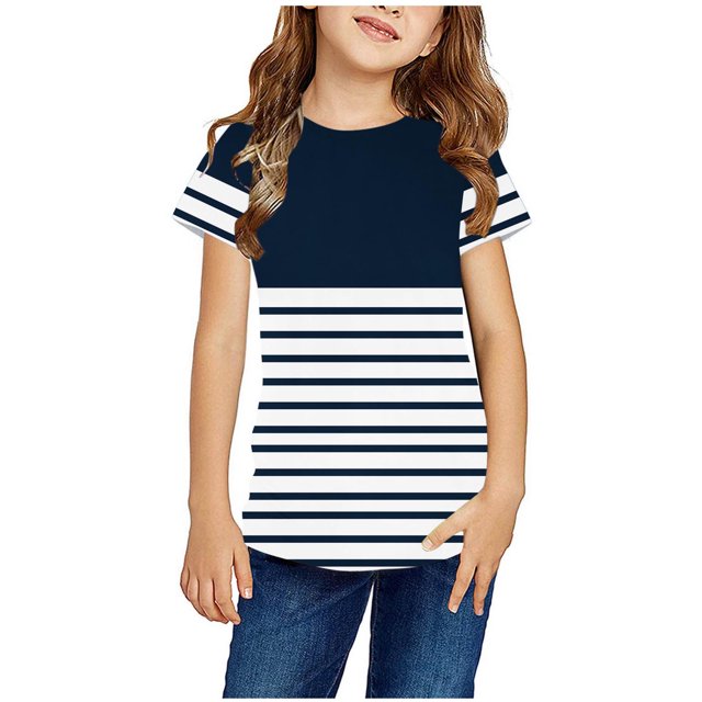 Meichang T-Shirts à Rayures pour Enfants T-Shirts Graphiques Tendance Manches Courtes Col Rond Hauts d'Été Décontractés Coupe Ample Chandails Légers à Enfiler pour 3-14 Ans