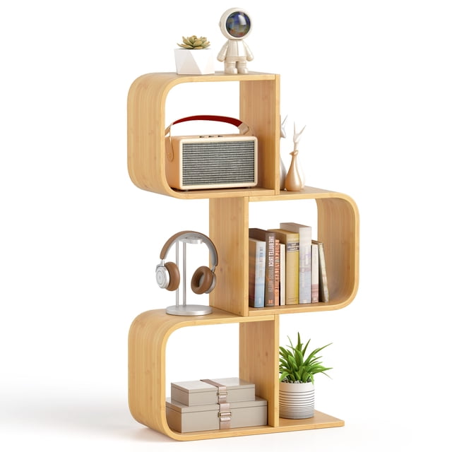 Costway 1 PCS 2 Tier S-Shaped Bookcase with 2 Open Cubes Geometric Corner Display Shelf