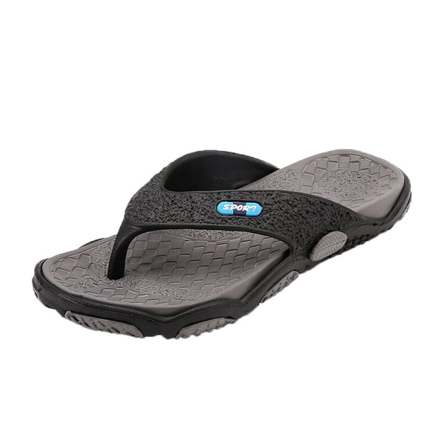 Kcodviy Summer Men's Open Toe Shower Slippers for Men, featuring a black PU upper with a textured design and a grey rubber sole. These casual slip-on flip flops are designed for spring, summer, and autumn use, offering a flat heel height of 5cm (1.97 inches) and a platform height of 3cm (1.18 inches). Ideal for beach, bathroom, or indoor use, the slippers provide a comfortable fit with a round toe style and massage insole.