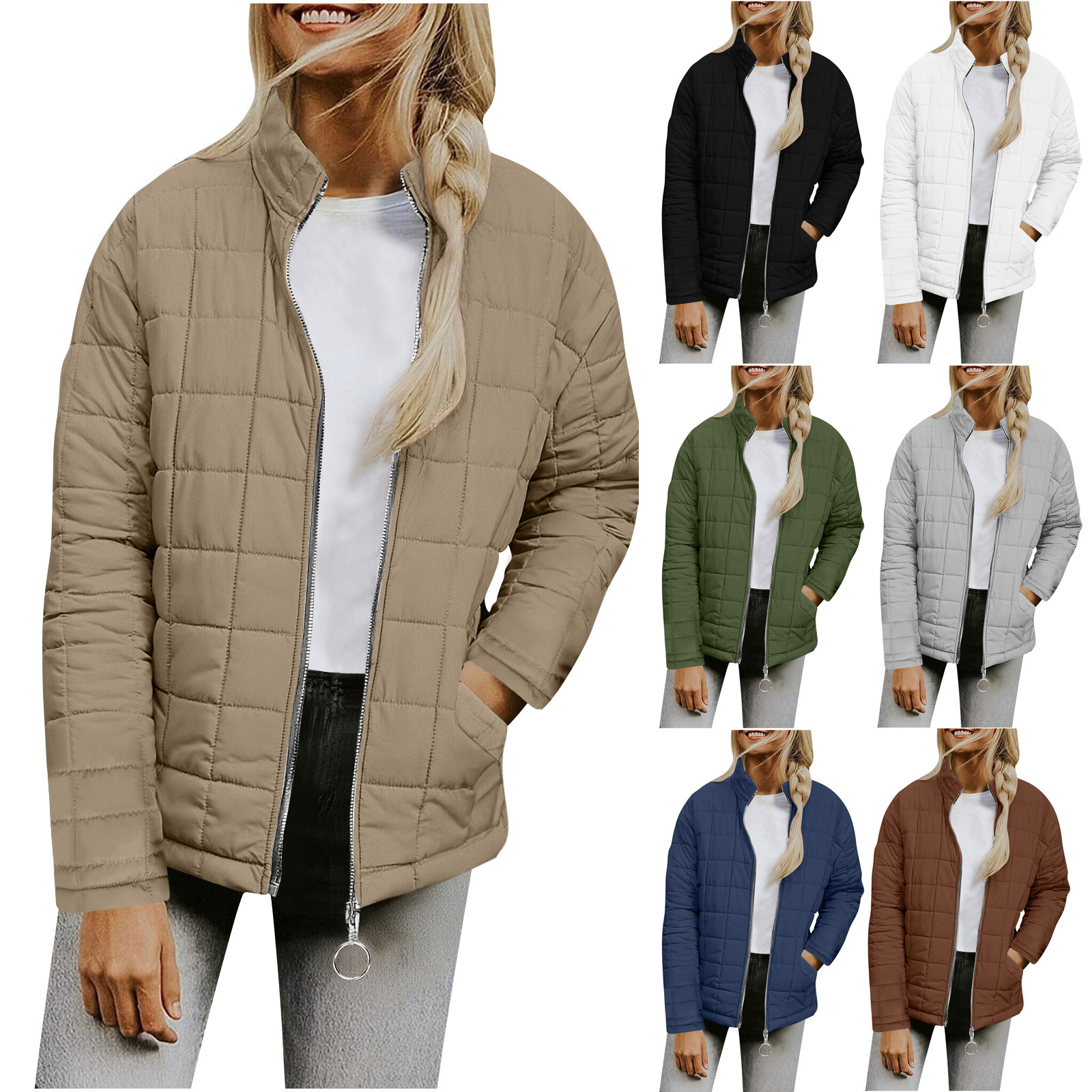 YOIAVAIOY Women's Quilted Jackets Long SleeveThickened Thermal Coat Fashion Mock Neck Zip Up Winter Outdoor Parka Jacket with Pocket Gray M