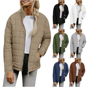 YOIAVAIOY Women's Quilted Jackets Long SleeveThickened Thermal Coat Fashion Mock Neck Zip Up Winter Outdoor Parka Jacket with Pocket Gray M