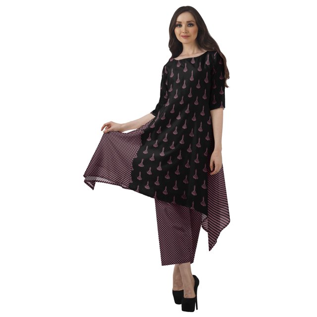 Moomaya Ensemble Kurti Kurta Pantalon pour Femmes Col Bateau Imprimé Robe 2 Pcs Tenue Ethnique