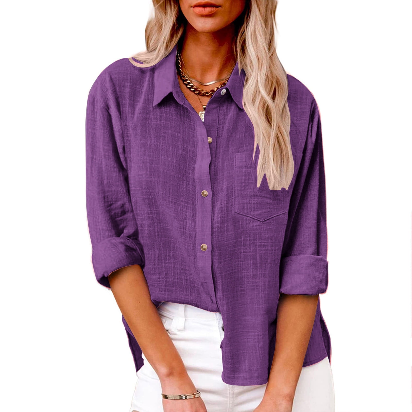 AherBiu Plus Size Women Button down Tops Long Sleeve Lapel Collar Linen Tops Fall Casual Solid Color Cotton Blouses