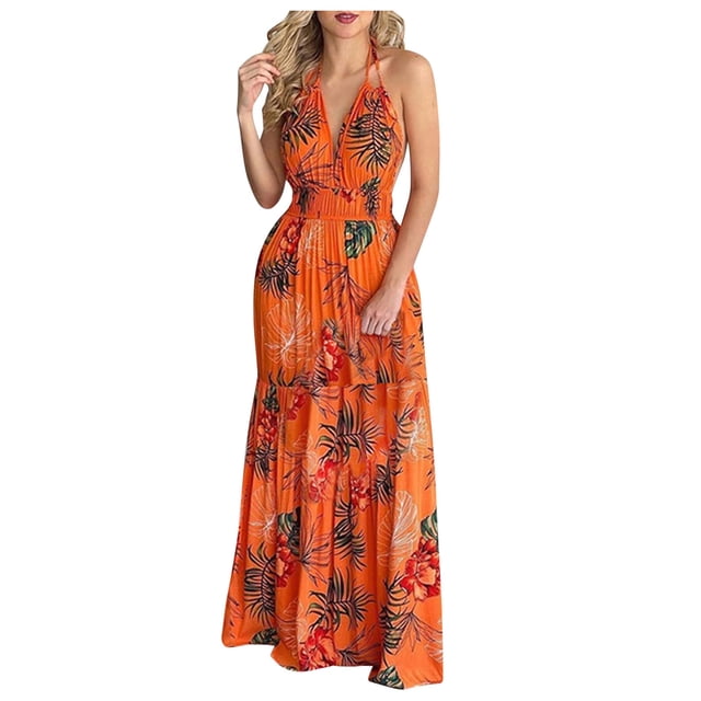 bbymog Robes Femmes Mode Plage Imprimé Tropical Été Col en V Sans Manches Robe Décontractée Coupe Ample Longues Robes pour Femmes Orange m