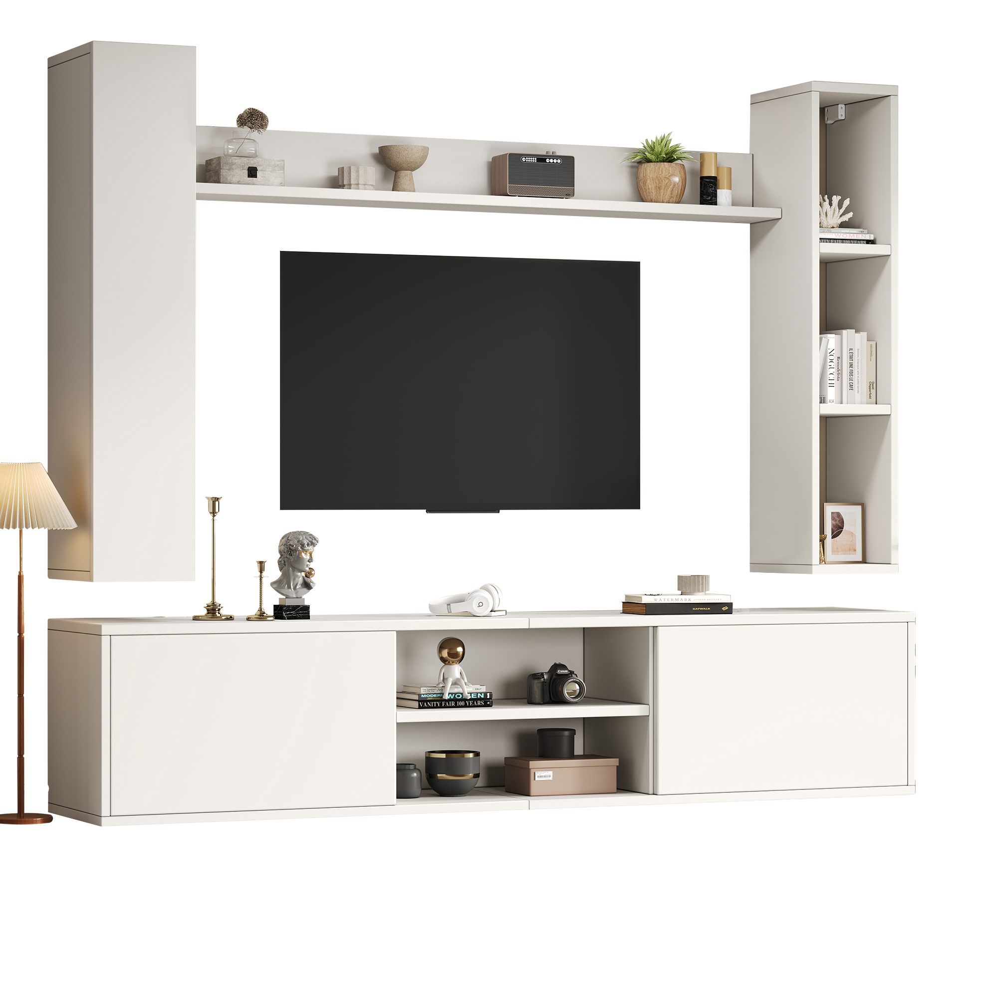 Homy Casa Modular White Entertainment Center with TV Console, 2 Display Cabinets and Wall Shelf