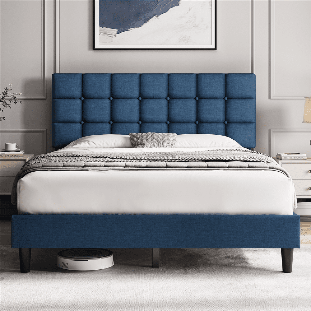 FullFurnique Cadre de Lit Capitonné avec Tête de Lit à Capitonnage Carré, Queen, Bleu marine