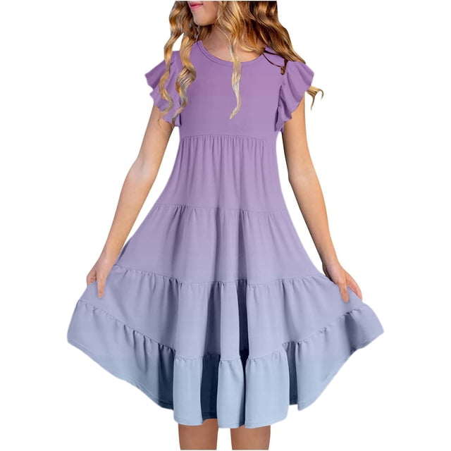 FhsagQ Robes Filles Été Dégradé Col Rond Manches Volantées Ligne à Étages Robe Décontractée Respirante Confortable Robe Ludique pour Enfants Tout-Petits Fête d'Anniversaire Tenue Quotidienne Violet 8-9 Ans