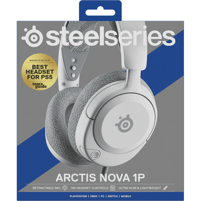 SteelSeries Arctis Nova 1P gaming headset in white with grey AirWeave fabric ear cushions, retractable noise-cancelling microphone, on-headset volume and mute controls, ultra-slim lightweight design, compatible with PlayStation, Xbox, PC, Switch, and mobile devices, suitable for immersive multi-platform gaming.