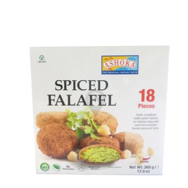 ASHOKA FROZEN SPICED FALAFEL 360g (18Pcs) box showing 18 ready-to-eat spiced falafel pieces with one cut open to reveal green chickpea and herb filling, labeled vegetarian and preservative-free, suitable for Indian and South Asian cuisine.