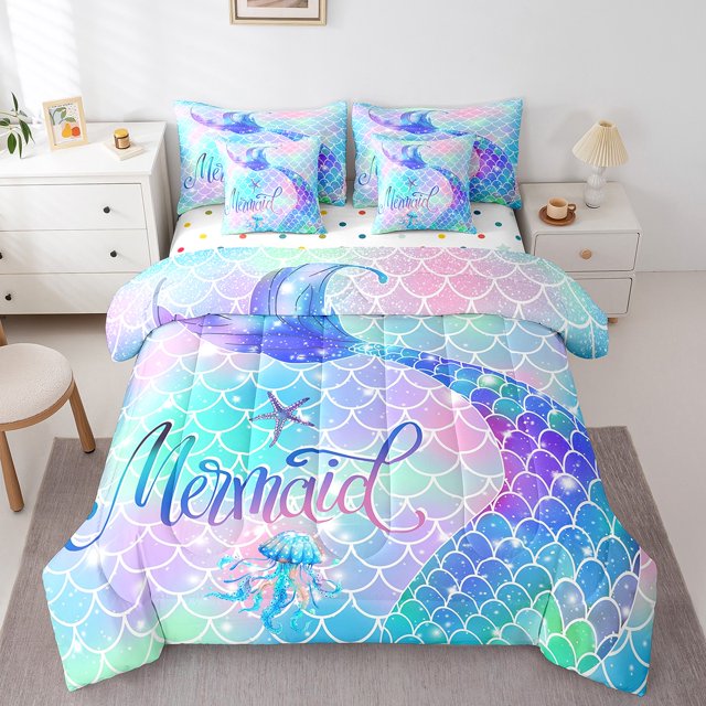 YST Mermaid Tail Glitter Comforter Set, 7-Piece, Rainbow Mermaid Theme, Twin Size