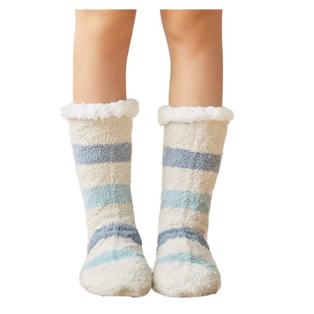 Womens Winter Stripe Super Soft Warm Cozy Fuzzy Fleece-lined Sock featuring pastel blue and cream stripes, made from a cotton blend material. These thermal socks are free size, stretchy, and designed for adults with a fleece-lined interior for added warmth and comfort. Suitable for cold weather and ideal as a gift.