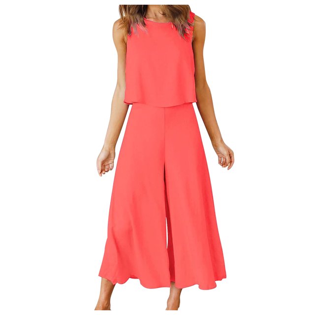 Mikilon Ensemble Élégant pour Femmes 2 Pcs Col Rond Sans Manches Shorts Haut Plus Pantalon Large Coton et Lin Col Rond Sans Manches Shorts, Pantalons Jambes Élargis, Ensemble Pantalon Long Orange L