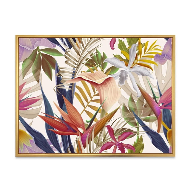 Designart Fleurs Tropicales VIntage III Cadre Flottant ART Mural Montrant une Impression sur Toile Encadrée Orientée vers l'Avant avec des Motifs Floraux Tropicaux et de Feuilles dans des Tons Rose, Violet, Jaune et Vert. la Toile Enveloppée pour Galerie Est Tendue sur un sous-Cadre en Bois de 1 Po et Enfermée dans un Cadre Flottant en Bois Clair. Imprimée avec une Encre Résistante à la Décoloration sur Toile en Coton de Qualité Supérieure, Elle Arrive Prête à Accrocher avec la Quincaillerie Incluse, Idéale pour Rehausser la Déco Murale de la Maison