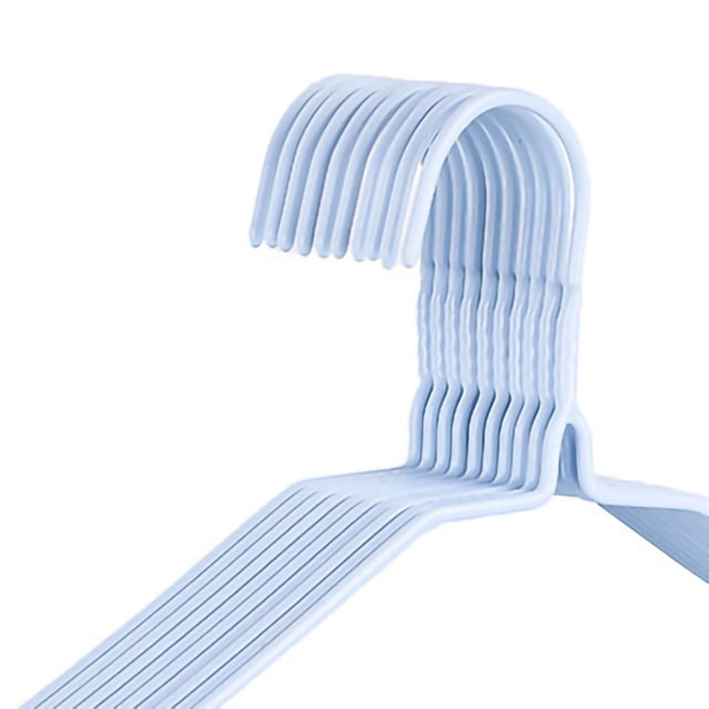 Seamless Clothes Hanger Kids Clothes Hangers Adult Clothes Rack Clothes Hangers 10Pcs. A set of 10 seamless clothes hangers made of durable metal with dipped plastic coating, shown in a light blue color. These hangers are designed for wet and dry use, featuring anti-slip and anti-deformation properties. The non-marking design prevents shoulder bulges, making them suitable for both kids' and adults' clothing.
