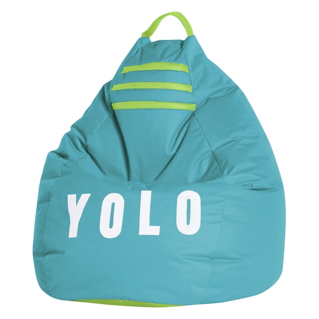 Gouchee Home Yolo Turquoise Bean Bag Chair with water-repellent oxford polyester fabric and high-density polystyrene bead filling, turquoise with lime green handle and stripes, large white YOLO lettering, measuring 27" diameter by 43" height, suitable for teens and adults, ideal for kids' rooms, dorms, or casual seating.