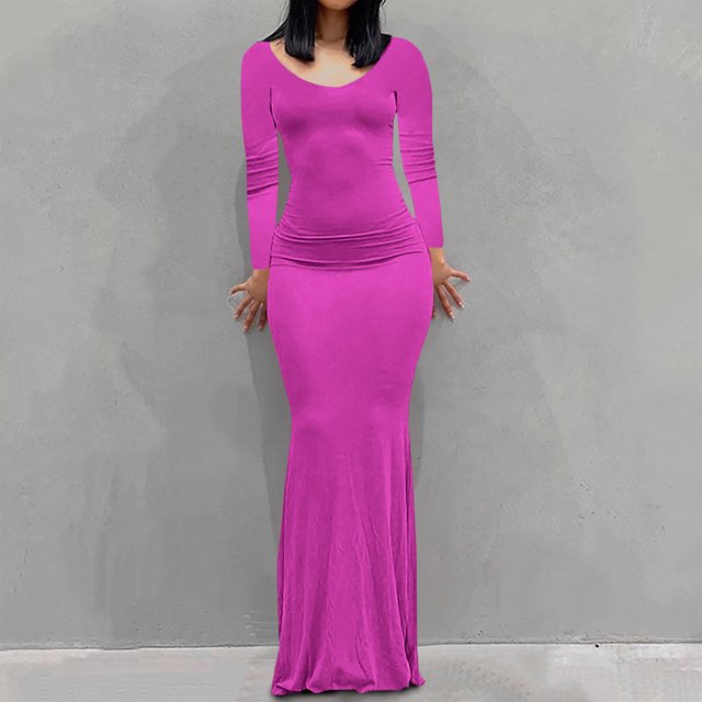 EQWLJWE Robes Moulantes pour Femmes Élégantes Col Rond Ajusté Manches Longues Aguichant sous-Couche Robe Nuisette