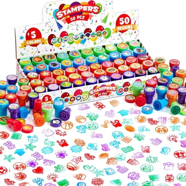 Joyfy 50 Pcs Assorted Self-Ink Stamps with 50 Designs for Ages 3-14 – Birthday Party Favors, Carnival Prizes, School Stampers, Goodie Bags, Halloween & Christmas