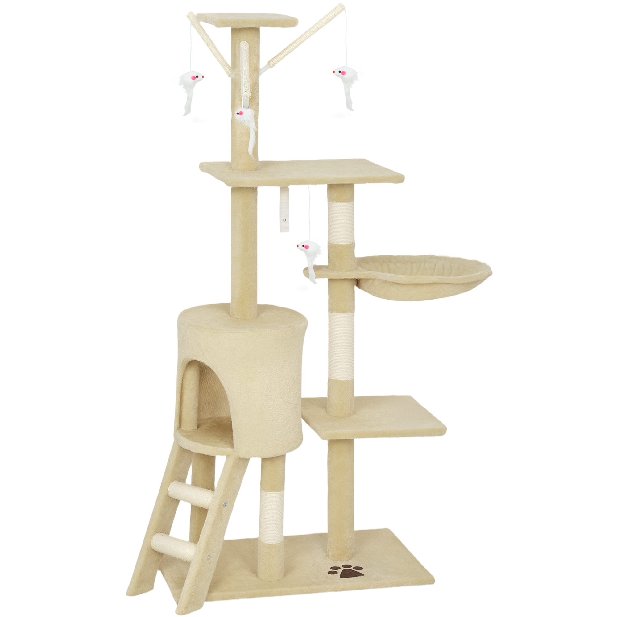 CoSoTower 53" Cat Tree Tower, Kitten Activity Centre with Scratching Posts, Condo, Perches, Ladder, Hammock, Dangling Toys, Beige