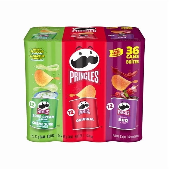 Pringles Grab & Go Potato Crisps, Variety, 36 Count-12 each of Original, Sour Cream & Onion, and BBQ flavours