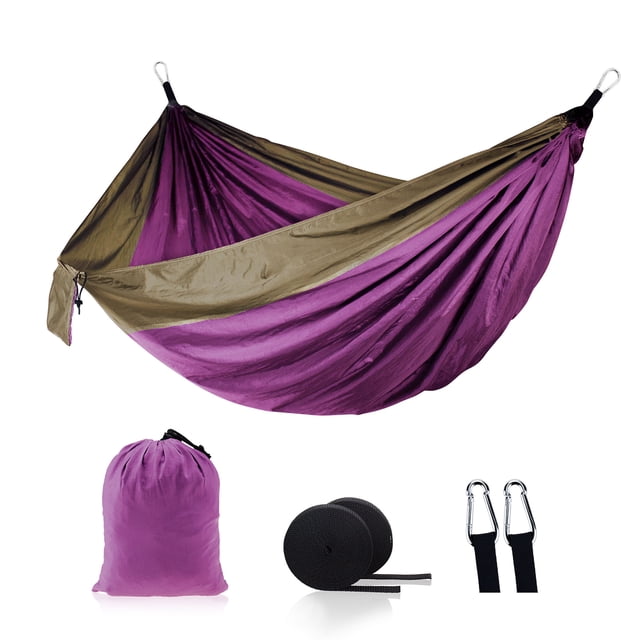Tignapoo Outdoor Double Nylon Hammock - Spacious Swing for Two, Ideal for Camping, Hiking, and Home Relaxation - 210T Nylon Beach Hammock in Purple and Camel Color Options