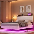 thumbnail image 1 of Bingirl King Floating Bed Frame with LED Lights and Charging Station, Upholstered Platform Bed with Storage Headboard, Wood Slats Support, No Box Spring Needed, Easy to Assemble, White, 1 of 8