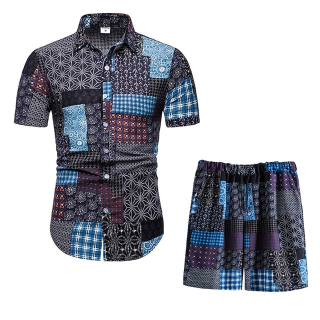 Men‘s Summer 2-Piece Beach Printed Short Sleeve Shirts & Shorts Pants Sets Note Please Buy One Or Two Sizes Larger