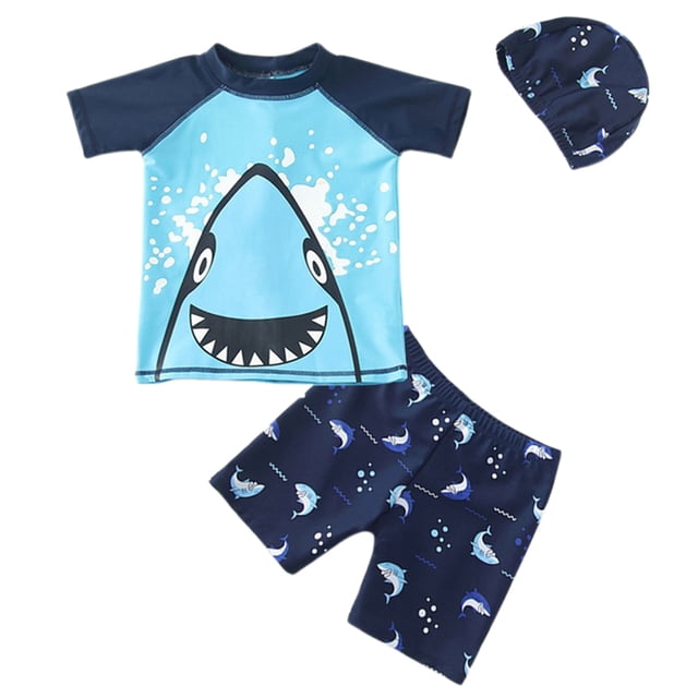 MIASHUI Boys Two Piece Rash Guard Swimsuits Kids Short Sleeve Bathing Suit with Sun Hat,Sky Blue,7-8 Years