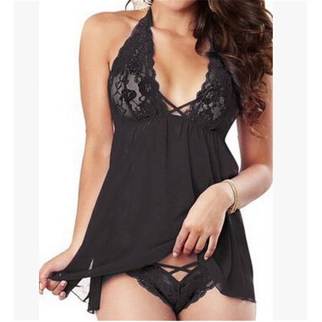 Femmes Séduisante 2PCS Lingerie Ensemble Licol Dentelle Profonde V-Cou Pyjama Mini Robe + String Mesh Vêtements de Nuit