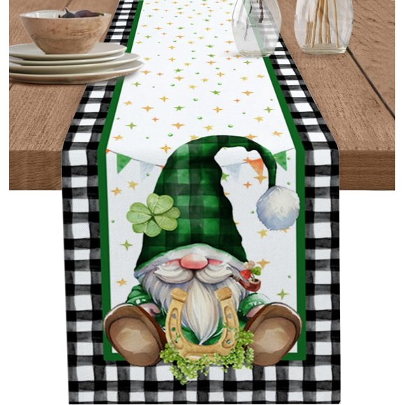 St. Patricks Day Table Runner, Linen Burlap Green Lucky Shamrock Clover Gnome Table Runners 72 Inches Long, Rustic Table Runner for Dresser, Party, Living Room, Dining Table Decor 13"x72"