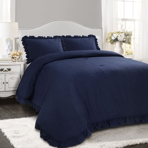 Lush Decor Couette Reyna Bleu Marine Ensemble 3 Pcs à Volants avec Taie d'Oreiller Literie Format Double Grand