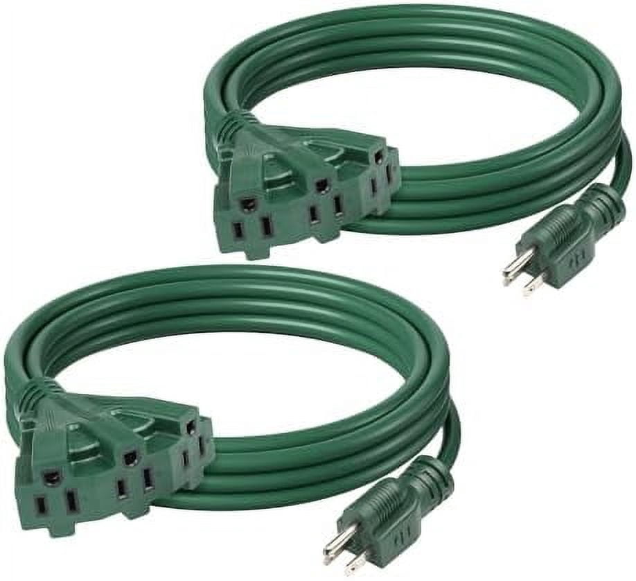 Outdoor Extension Cord with 3 Outlets, 13-Amp Power Cord, 16/3 SJTW, 3-Prong Grounded Plug, for Holiday Decorations & Landscaping, Green Green 10FT 2PACK