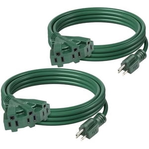 Outdoor Extension Cord with 3 Outlets, 13-Amp Power Cord, 16/3 SJTW, 3-Prong Grounded Plug, for Holiday Decorations & Landscaping, Green Green 10FT 2PACK