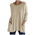 thumbnail image 1 of KIHOUT Spring Winter Womens Tops New Round Neck Long Sleeve Loose Pocket Solid Color Casual Top, 1 of 4