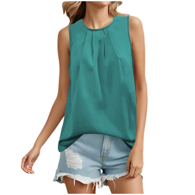 Timegard Tank Tops for Women Ruched Crewneck Sleeveless Back Button Summer Casual Lightweight Tee Top