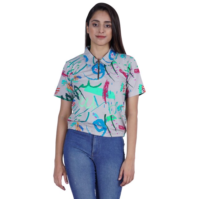 Moomaya Haut Court Imprimé pour Femmes Été Décontracté T-Shirt à Col à Fermeture à Glissière