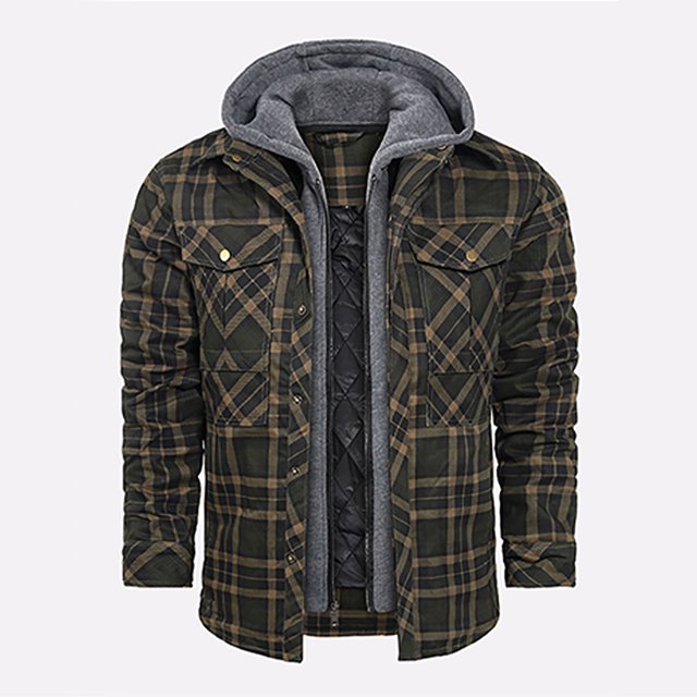 LOVZFMLL Jackets for Men's Winter Checkered With Button Pockets And Long Sleeved Hooded Casual Jacket