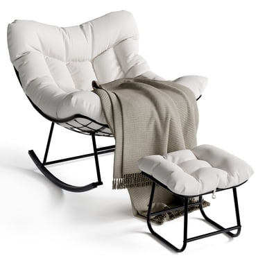 BeesClover Patio Rocking Chair, Outdoor Oversized Papasan Rocking Chair with Ottoman, 450lb Capacity, All-Weather PE Rattan Egg Rocker for Porch, Backyard, Balcony