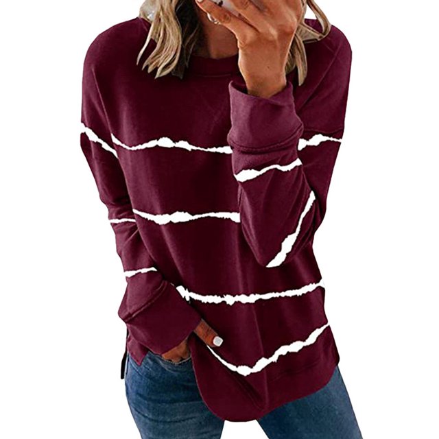 Women Long Sleeve Stripe Tie Dyed Printed Split Pullover Tops