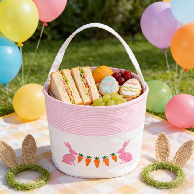 Easter Storage Basket Children's Party Embroidered Bunny Egg Tote Basket