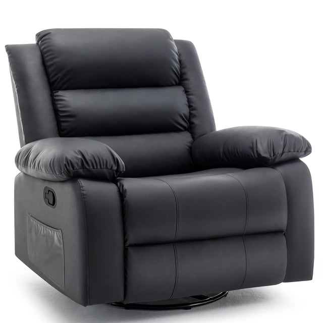 Korser Oversized Swivel Rocker Recliner Chair for Adults in black faux leather. This chair features a 360° swivel and 30° rocking function, along with manual reclining. It includes 8 vibration massage nodes targeting the back, lumbar, thighs, and legs, with 5 adjustable modes and a lumbar heating option. The chair has a spacious seat measuring 26 inches wide, durable construction supporting up to 350 lbs, and large side pockets for storage. Ideal for living rooms, bedrooms, or home theatres.