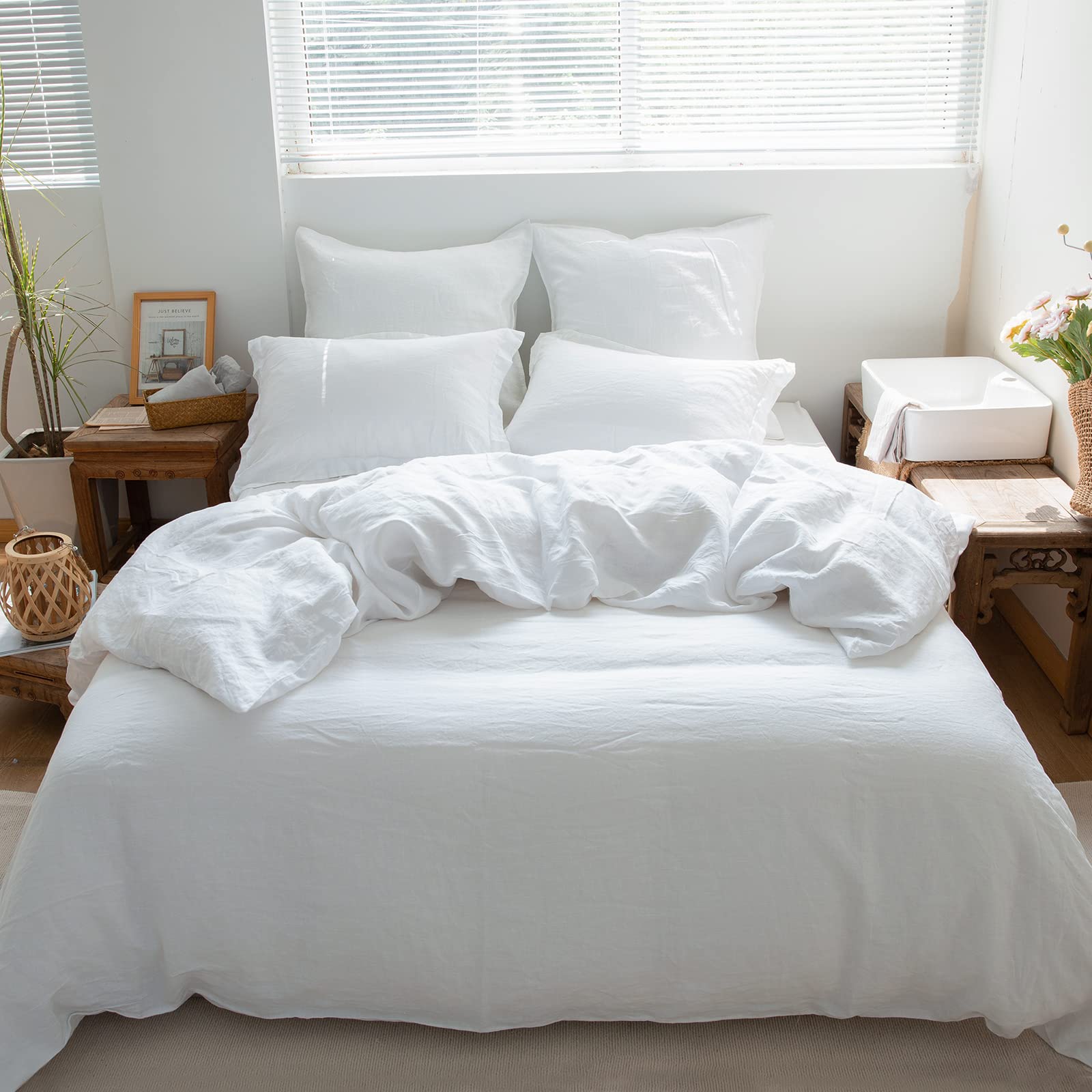 Simple&Opulence 100% Linen Duvet Cover Set 3pcs Basic Style Natural French Washed Flax Solid Color Soft Breathable Farmhouse Bedding with Button Closure (Full, White)