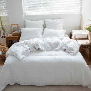 Simple&Opulence 100% Linen Duvet Cover Set 3pcs Basic Style Natural French Washed Flax Solid Color Soft Breathable Farmhouse Bedding with Button Closure (Full, White)