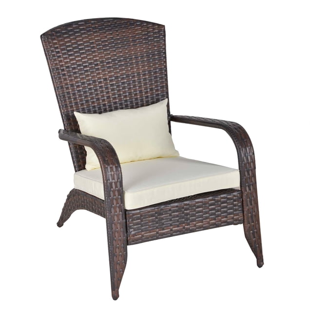 Outsunny Outdoor Adirondack Chair Rattan Fire Pit Chair with Cushion Cream. This chair features a durable steel frame wrapped in handwoven PE wicker, offering weather resistance and a weight capacity of 352 lbs. It includes cream-coloured cushions with removable, machine-washable covers for easy maintenance. The design includes a high, curved backrest, wide armrests, and a spacious seat for comfort. Suitable for outdoor settings like patios, porches, or gardens. Dimensions: 25.6 inches wide, 33.9 inches deep, and 35.4 inches high.