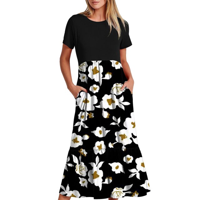 Robes d'Été Grande Taille pour Femmes 2024 Col Rond Manches Courtes Mi-Mollet Double Poche Robe à Imprimé Floral Robe à Manches Courtes Col Rond Économisez jusqu'à 65 % de Rabais!