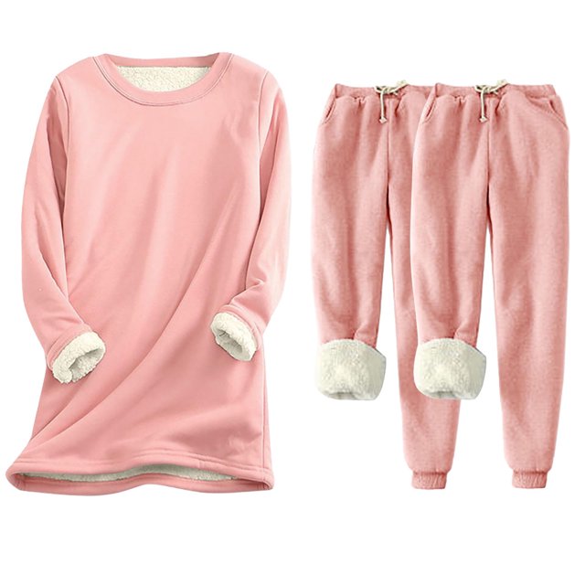 Pisexur Ensembles 3 Pcs pour Femmes Hiver Chaud en Molleton Couleur Unie Survêtements Ensembles 1 Chandail à Col Rond +2 Pantalons de Pyjama Décontractés Pyjamas Surdimensionnés pour Femmes Ensemble P-5TG
