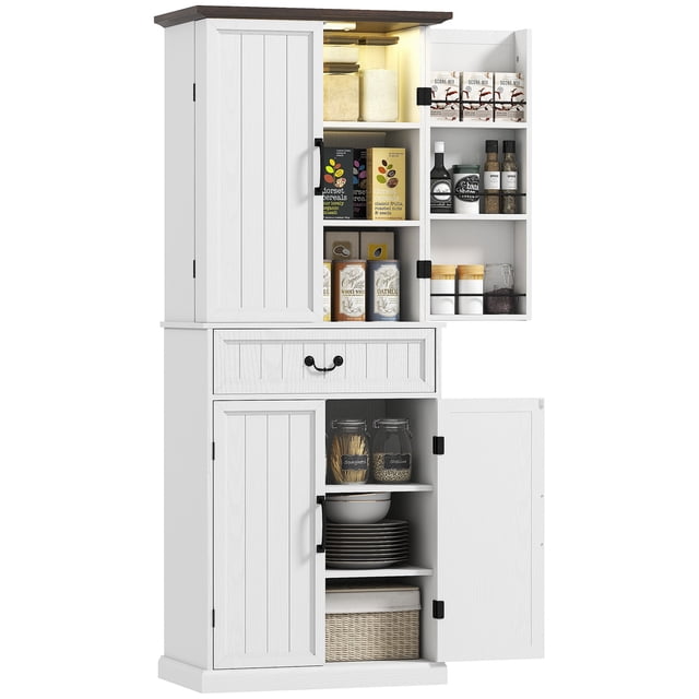 HOMCOM Armoire de Garde-Manger de Cuisine Style Ferme avec Lumière, Armoire de Rangement, Blanc