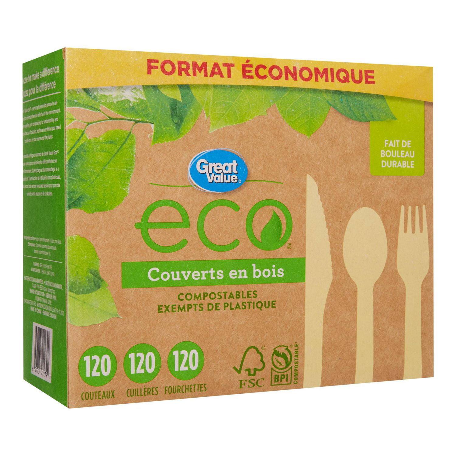 Great Value eco Couverts en Bois, 360 Pcs