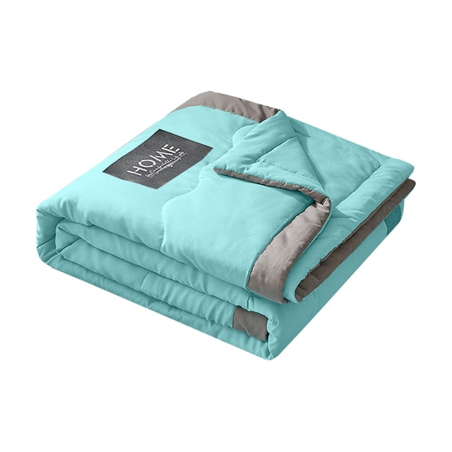 Air Conditioning Blanket High Grade Feeling Silk Summer Quilt Cotton Silk Slippery Tear Resistant 71x87IN Comforters Queen Size Soft Throw Blankets for Couches for Chair, Sofa, Home Decor. A folded turquoise and grey lightweight cooling comforter with a silky texture, ideal for hot sleepers and night sweats. Made from breathable cotton-spandex fabric for cooling and moisture-wicking properties. Perfect for summer bedding, couches, chairs, and beds.